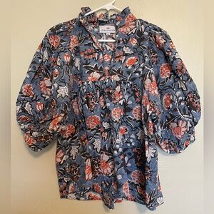 Never a Wallflower Anthropologie Block Printed Floral Boho Balloon Sleeve Top
